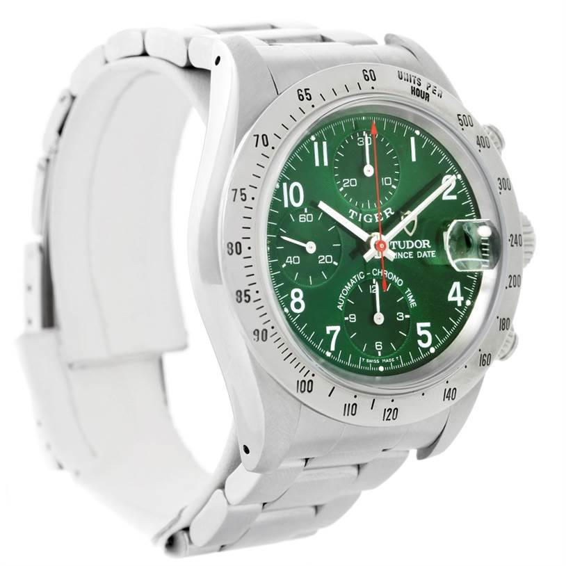The Tudor Tiger 79280 Men's Stainless Steel Green Dial 79280 Men's Stainless Steel Green Dial model watch is shown at a three-quarter angle, displaying its green dial, stainless steel case, and bracelet features.