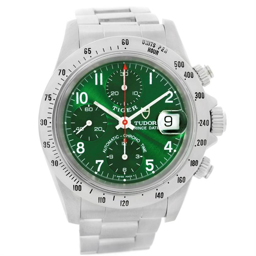 The watch is a Tudor Tiger 79280 Men's Stainless Steel Green Dial 79280 Men's Stainless Steel Green Dial model, shown at a front angle, displaying its green dial, chronograph, date window, and stainless steel bracelet.