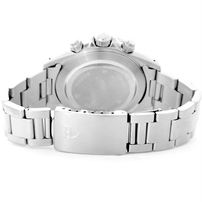 The image shows the back casing and stainless steel bracelet of the Tudor Tiger 79280 Men's Stainless Steel Green Dial 79280 Men's Stainless Steel Green Dial model watch, viewed from behind.
