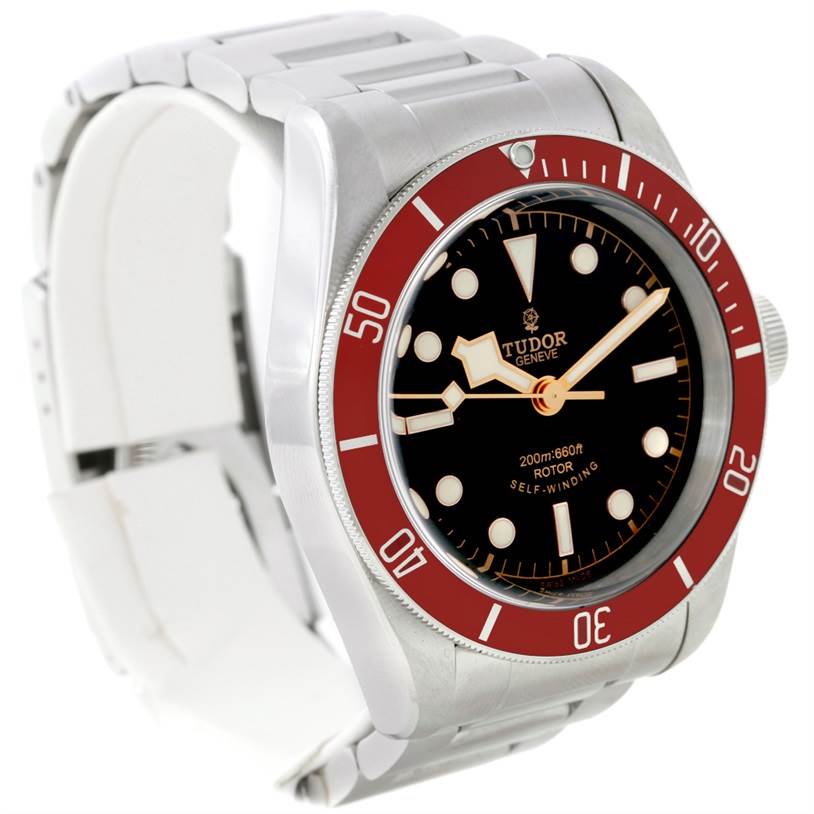 The image shows a Tudor Heritage Black Bay 79220 Men
s Stainless Steel Black Dial 79220 Men
s Stainless Steel Black Dial watch from a front angle, highlighting the dial, bezel, and part of the bracelet.