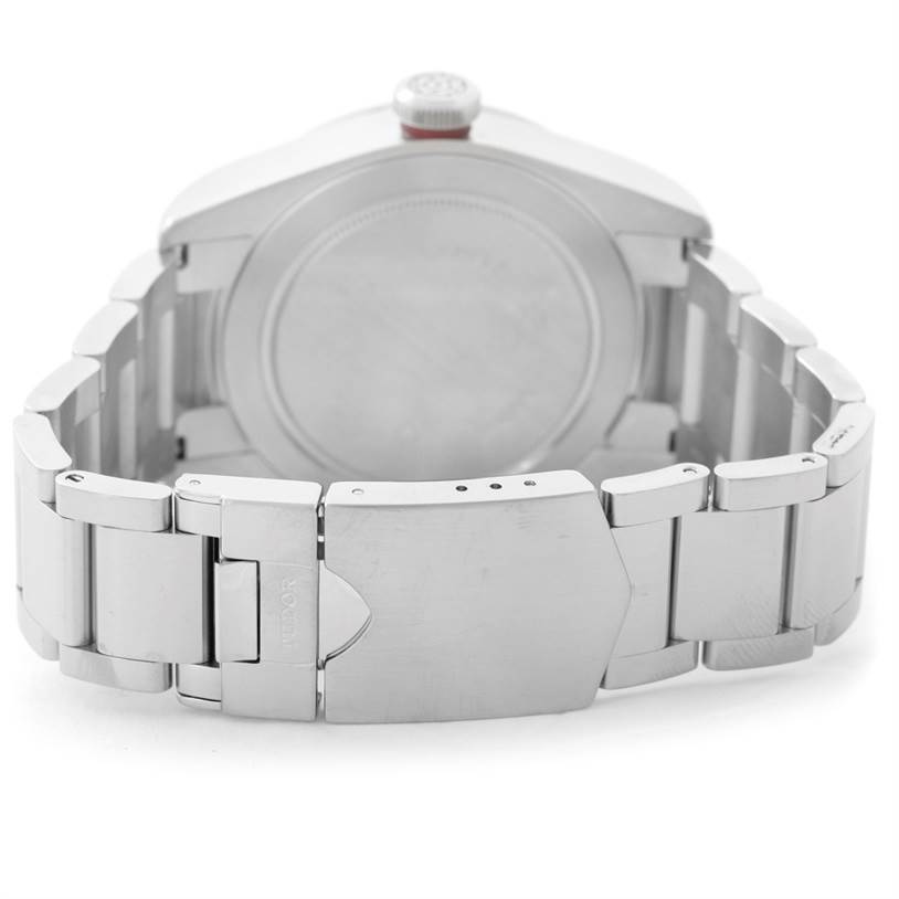 This image shows the back view of the Tudor Heritage Black Bay 79220 Men
s Stainless Steel Black Dial 79220 Men
s Stainless Steel Black Dial watch, focusing on its stainless steel bracelet and clasp.