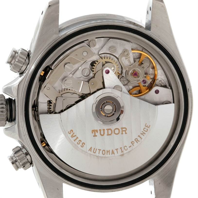 This image shows the internal mechanism of a Tudor Tiger 79280 Men's Stainless Steel Blue Dial 79280 Men's Stainless Steel Blue Dial model watch at a close-up rear angle.