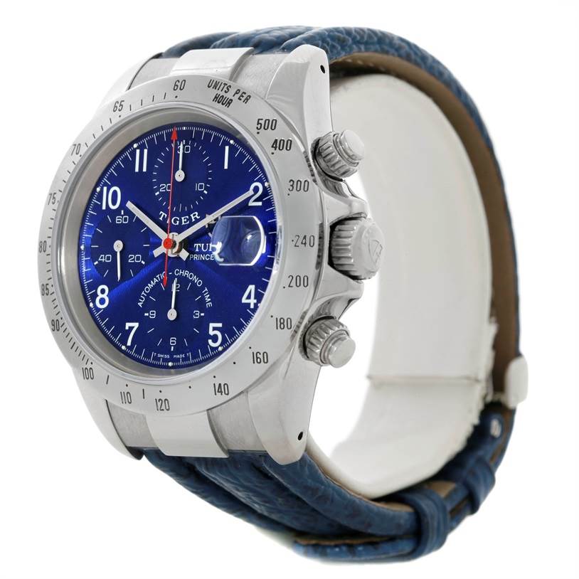 The image shows a side angle view of the Tudor Tiger 79280 Men's Stainless Steel Blue Dial 79280 Men's Stainless Steel Blue Dial watch, highlighting its face, bezel, crown, and pushers.