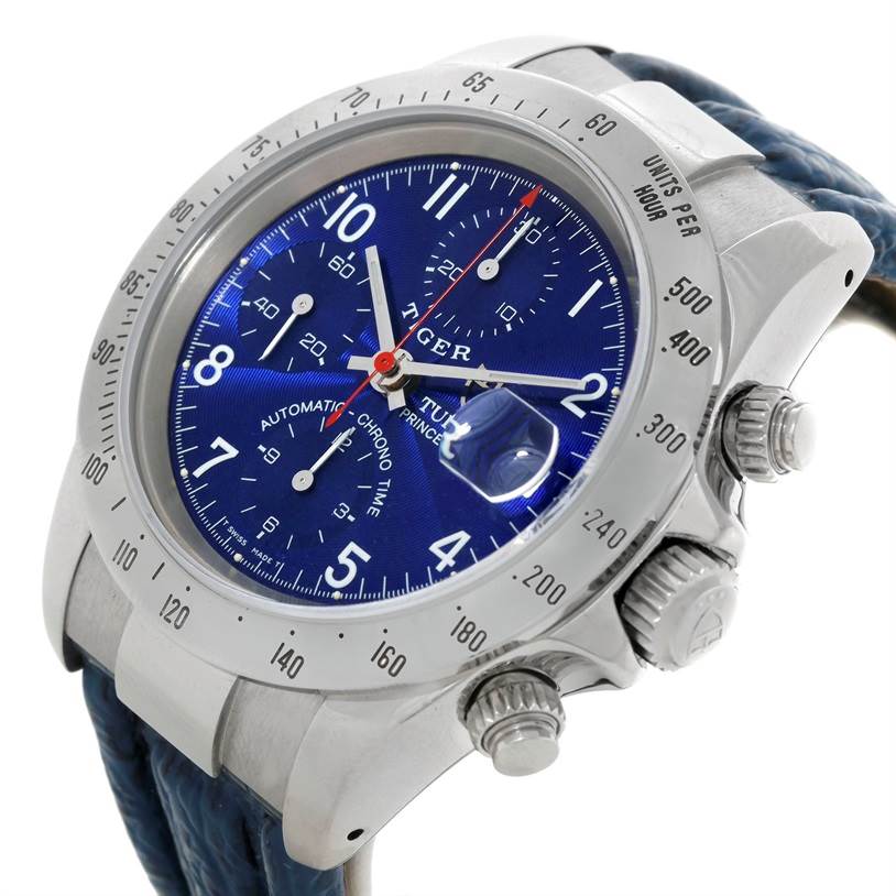 The Tudor Tiger 79280 Men's Stainless Steel Blue Dial 79280 Men's Stainless Steel Blue Dial model watch is shown at a three-quarter angle, highlighting its blue dial, tachymeter bezel, and chronograph sub-dials.