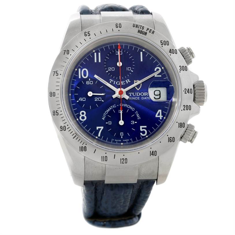 The image shows a front view of a Tudor Tiger 79280 Men's Stainless Steel Blue Dial 79280 Men's Stainless Steel Blue Dial model watch, displaying the dial, bezel, crown, and pushers.
