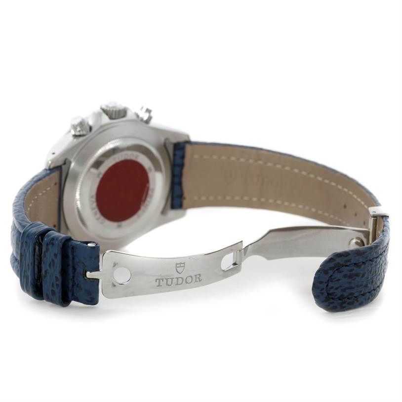 The image shows a Tudor Tiger 79280 Men's Stainless Steel Blue Dial 79280 Men's Stainless Steel Blue Dial watch from the back, highlighting its clasp, case back, and blue leather strap.