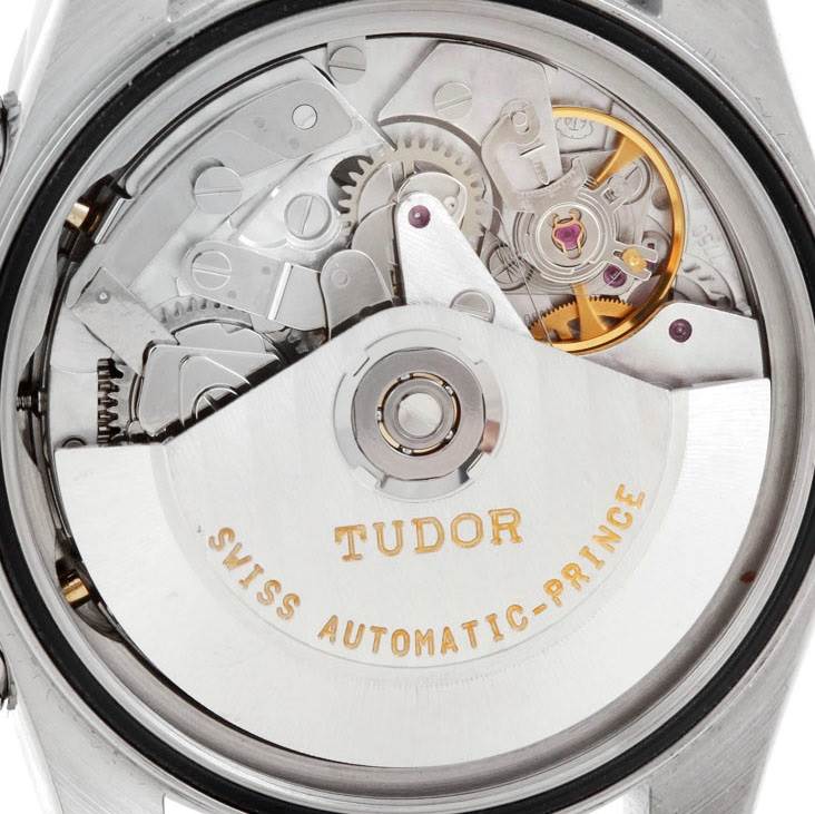 The image shows the internal automatic movement of a Tudor Prince watch, viewed from the back.