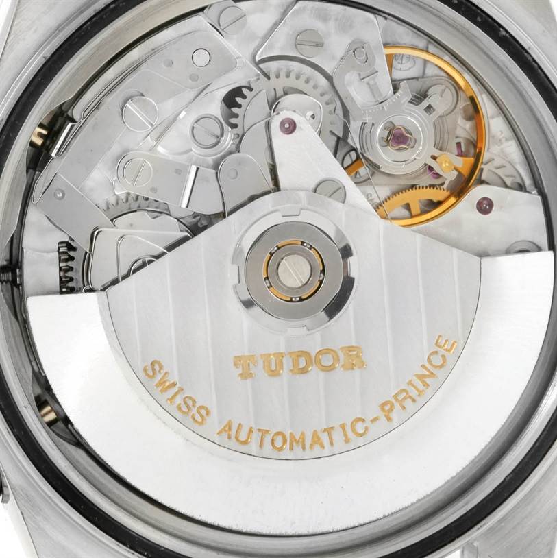The image shows a close-up view of the movement mechanism of the Tudor Prince model watch.