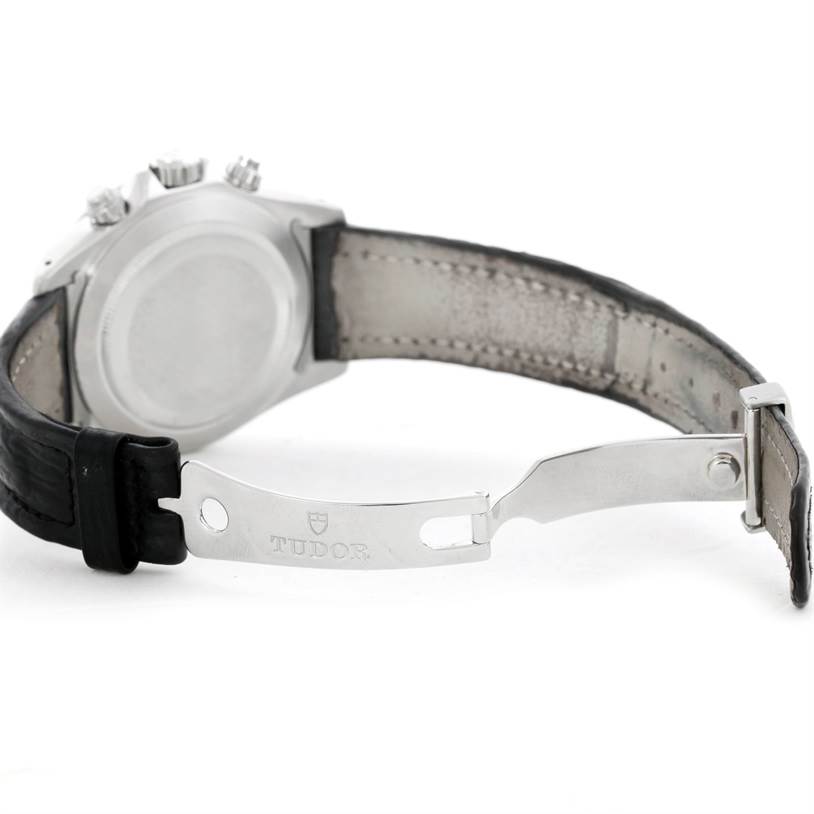 The image shows the back of a Tudor Prince model watch, featuring the leather strap and Tudor-branded clasp.