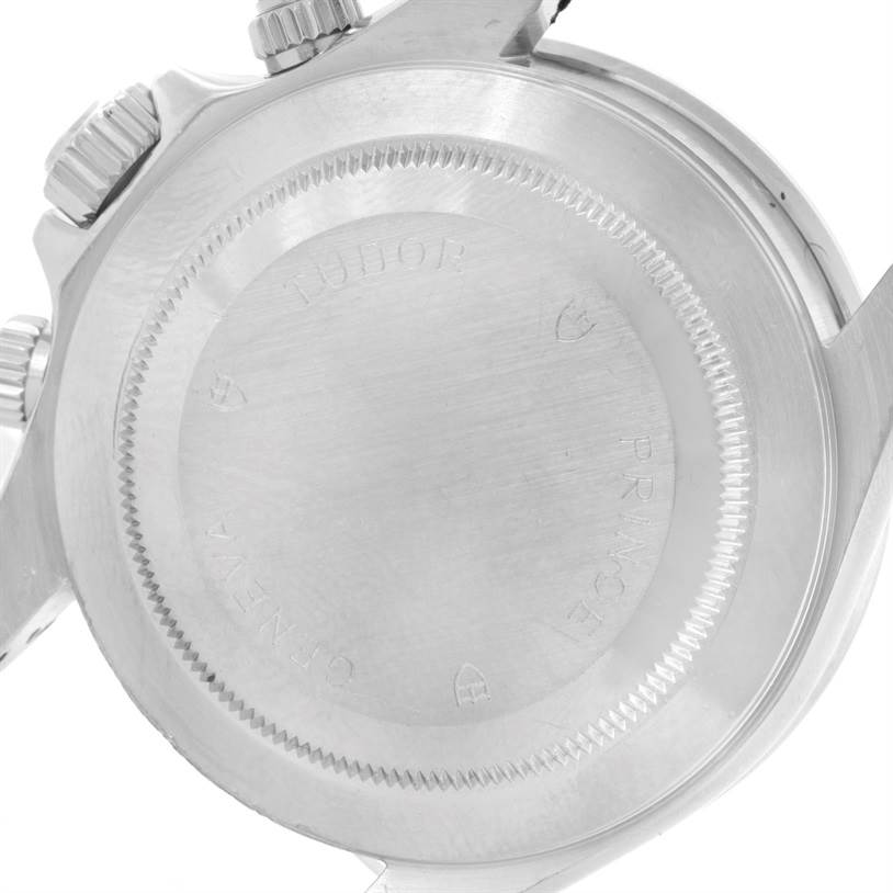 The image shows the back casing and crown of a Tudor Prince model watch.