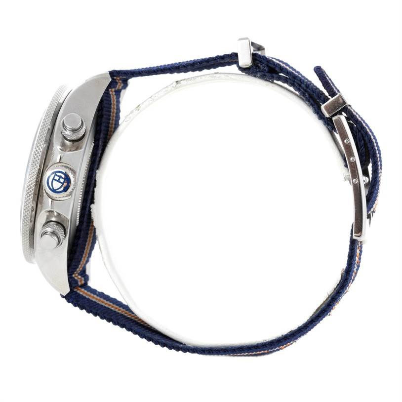 Side view of the Tudor Heritage Chrono 79220R Men's Stainless Steel Blue Dial 79220R Men's Stainless Steel Blue Dial watch showing the case, crown, pushers, and strap.