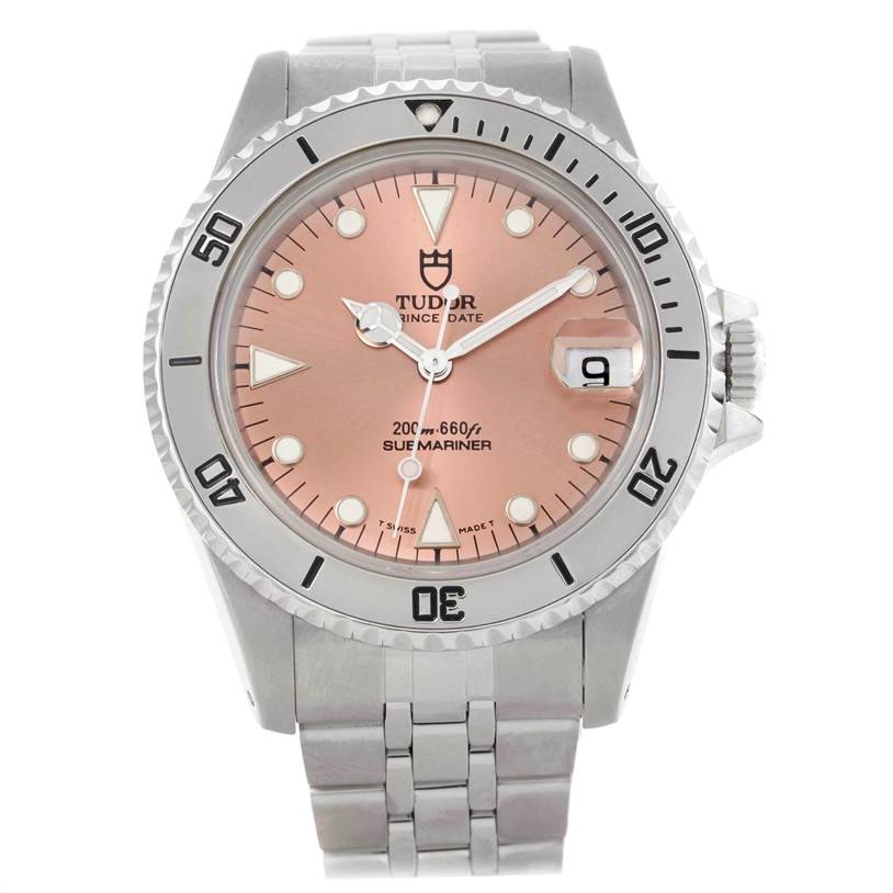 This image shows a front view of a Tudor Submariner 75190 Men's Stainless Steel Pink Dial 75190 Men's Stainless Steel Pink Dial watch, highlighting the dial, bezel, hands, and part of the bracelet.