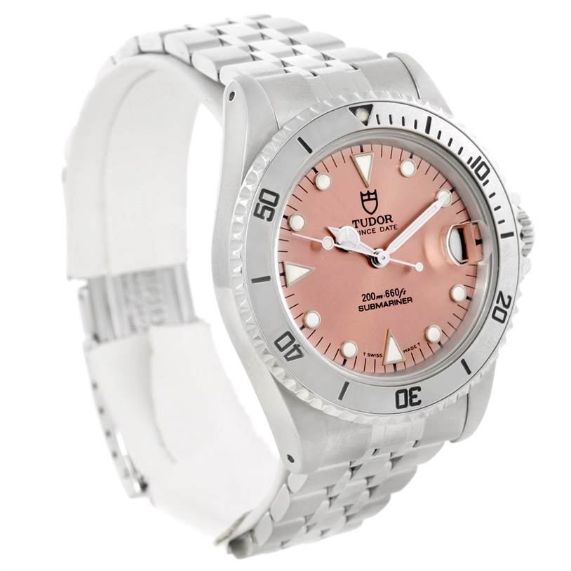 The image shows a Tudor Submariner 75190 Men's Stainless Steel Pink Dial 75190 Men's Stainless Steel Pink Dial watch at a three-quarter angle, highlighting the dial, bezel, and bracelet.