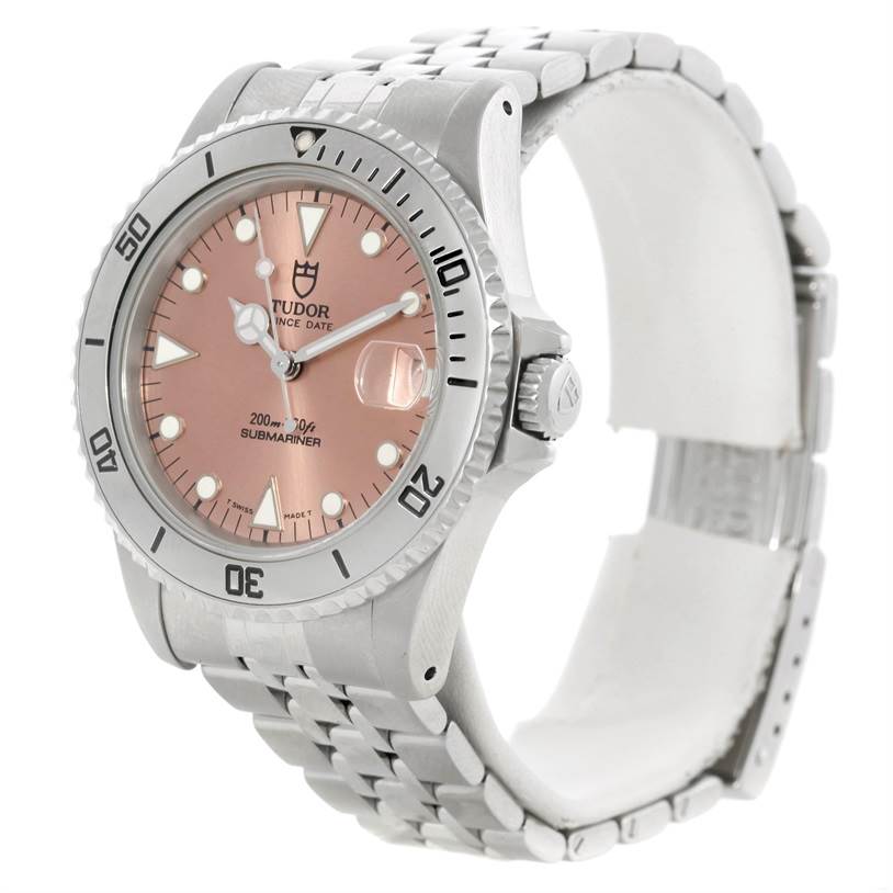 The Tudor Submariner 75190 Men's Stainless Steel Pink Dial 75190 Men's Stainless Steel Pink Dial watch is shown at an angled view, highlighting the face, bezel, bracelet, and side crown.