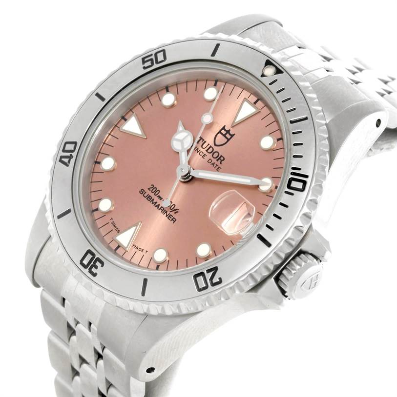The image shows a Tudor Submariner 75190 Men's Stainless Steel Pink Dial 75190 Men's Stainless Steel Pink Dial watch at a three-quarter angle, highlighting the face, bezel, and part of the metal bracelet.