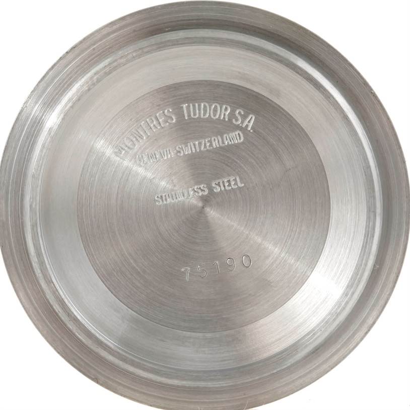 The image shows the stainless steel case back of a Tudor Submariner 75190 Men's Stainless Steel Pink Dial 75190 Men's Stainless Steel Pink Dial watch, model number 75190, from an overhead angle.