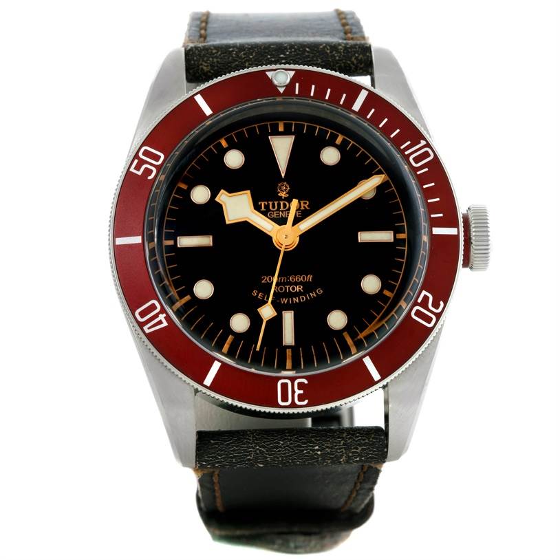 The image shows a front view of the Tudor Heritage Black Bay 79220R Men's Stainless Steel Black Dial 79220R Men's Stainless Steel Black Dial watch, displaying its dial, bezel, and leather strap.