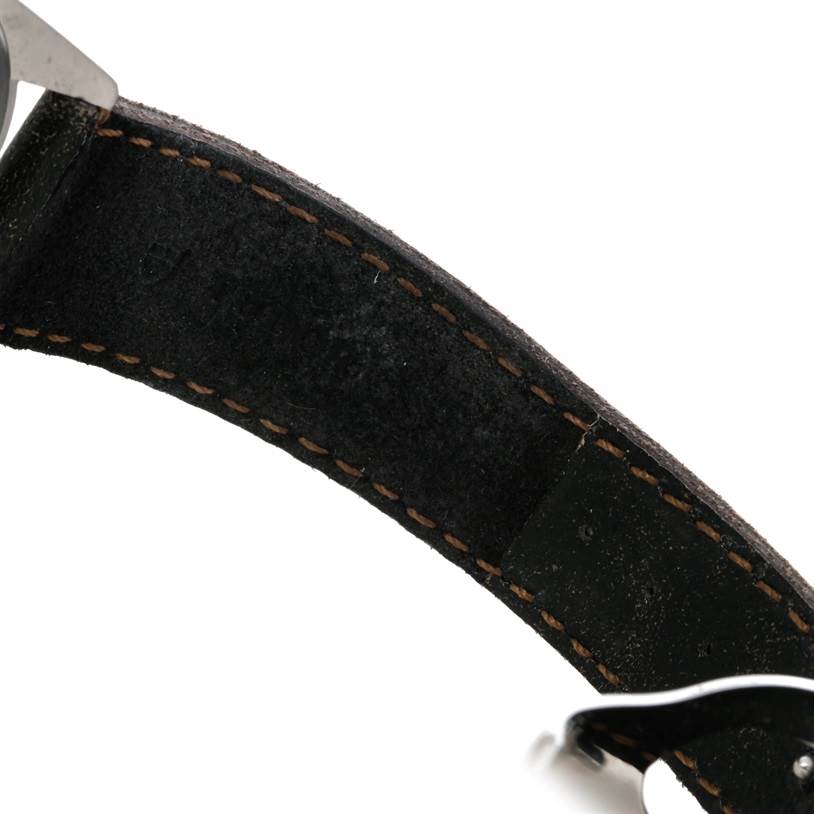 The image shows a close-up of the leather strap of the Tudor Heritage Black Bay 79220R Men's Stainless Steel Black Dial 79220R Men's Stainless Steel Black Dial watch.