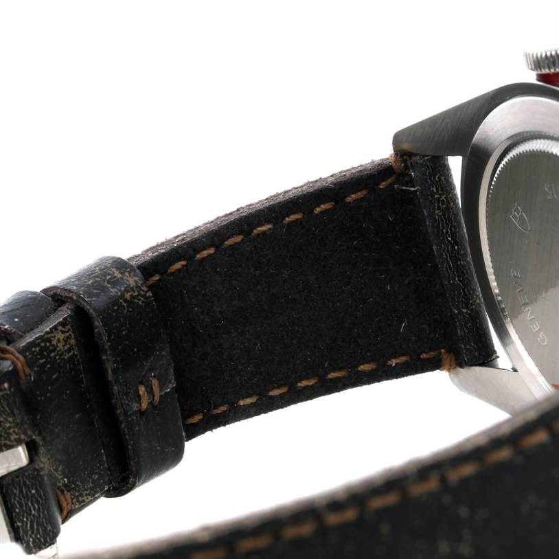 The image shows a close-up angle of the strap and case back of a Tudor Heritage Black Bay 79220R Men's Stainless Steel Black Dial 79220R Men's Stainless Steel Black Dial watch.