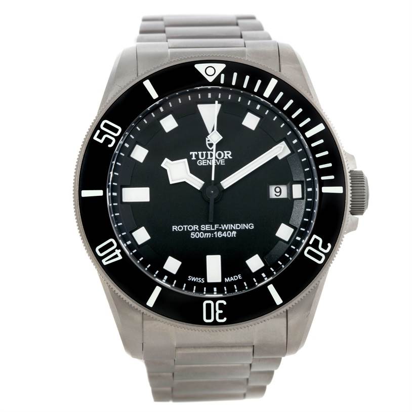 The image shows a front view of a Tudor Pelagos 25500TN Men
s Titanium Black Dial 25500TN Men
s Titanium Black Dial watch displaying the face, bezel, hands, date window, and part of the metal bracelet.