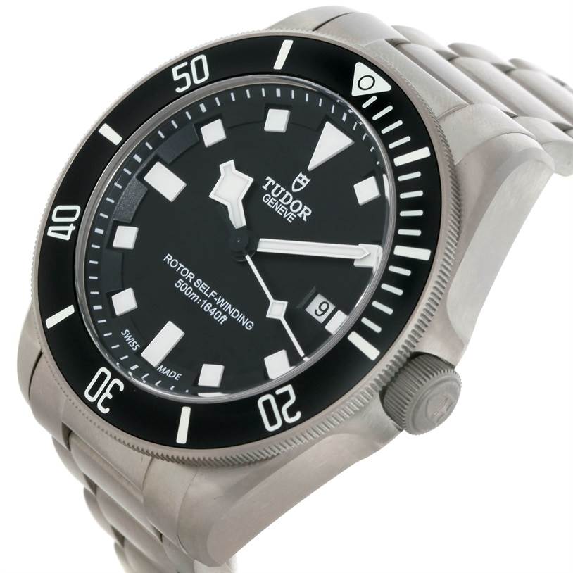 The image shows a Tudor Pelagos 25500TN Men
s Titanium Black Dial 25500TN Men
s Titanium Black Dial watch from an angled side view, highlighting the face, bezel, and part of the bracelet.