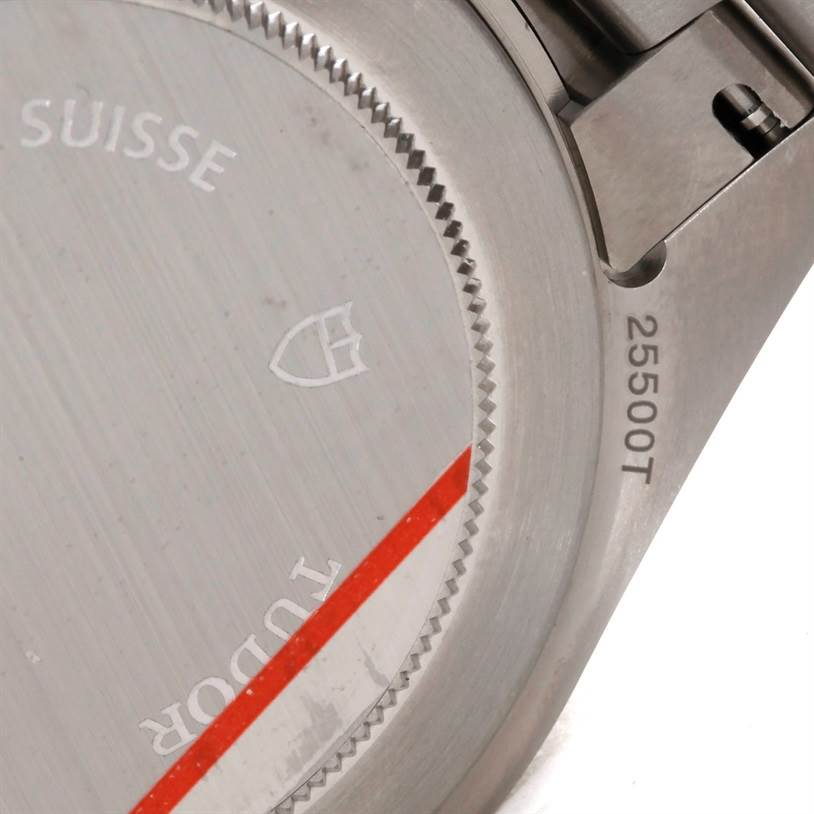 This image shows a close-up of the case back and part of the lugs of the Tudor Pelagos 25500TN Men
s Titanium Black Dial 25500TN Men
s Titanium Black Dial watch, including the model number 25500T.