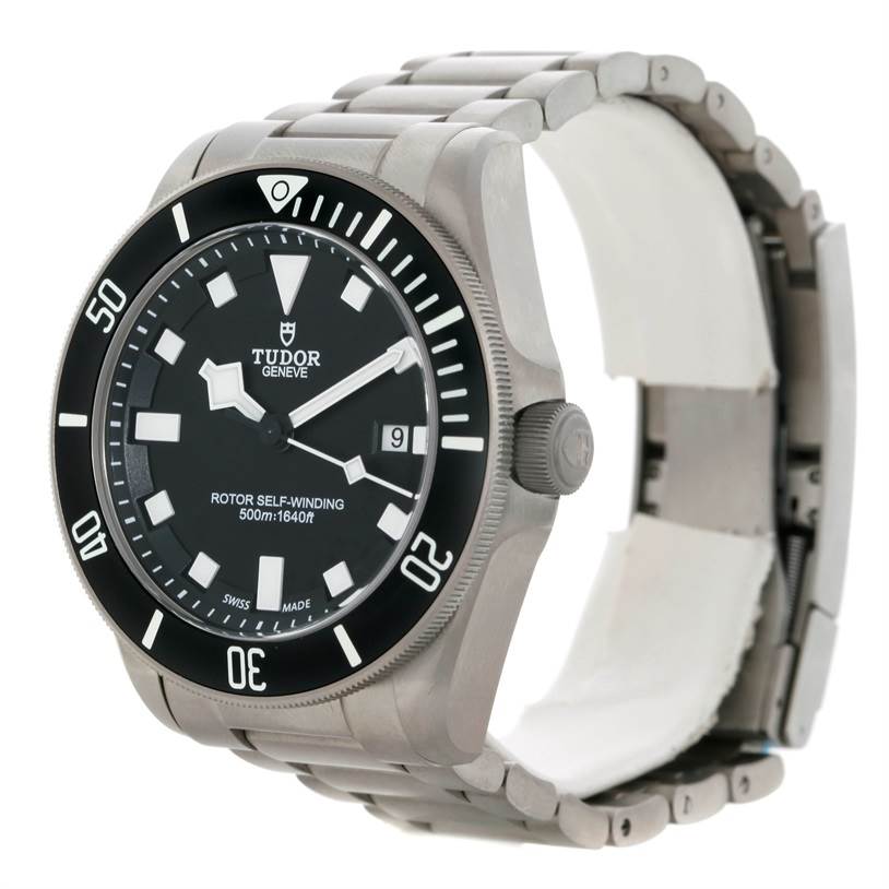 The image shows a Tudor Pelagos 25500TN Men
s Titanium Black Dial 25500TN Men
s Titanium Black Dial watch at an angle displaying its face, bezel, crown, and part of the bracelet.