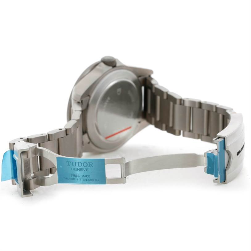 The image shows the back and partially open titanium bracelet of a Tudor Pelagos 25500TN Men
s Titanium Black Dial 25500TN Men
s Titanium Black Dial watch.