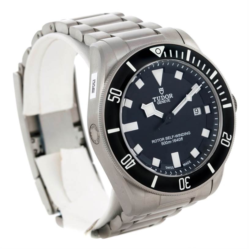 The Tudor Pelagos 25500TN Men
s Titanium Black Dial 25500TN Men
s Titanium Black Dial watch is shown at an angled side view, displaying its face, bezel, and part of the titanium bracelet.