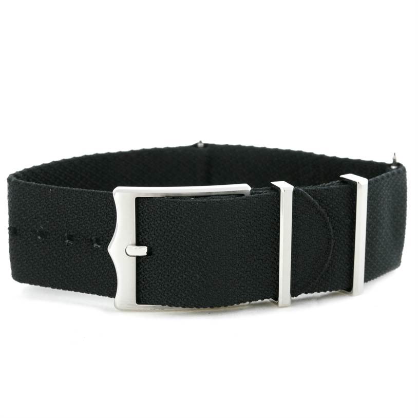 This image shows a black fabric strap with a silver buckle for the Tudor Heritage Black Bay 79220R Men's Stainless Steel Black Dial 79220R Men's Stainless Steel Black Dial watch.