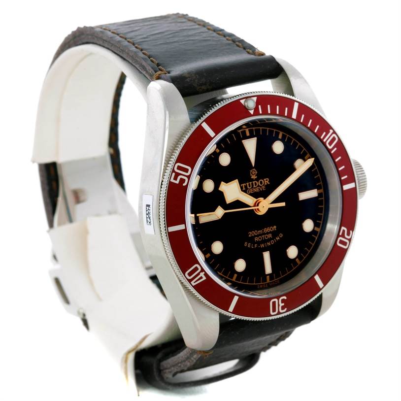 The image shows a side-angle view of the Tudor Heritage Black Bay 79220R Men's Stainless Steel Black Dial 79220R Men's Stainless Steel Black Dial watch, highlighting its bezel, dial, and leather strap.