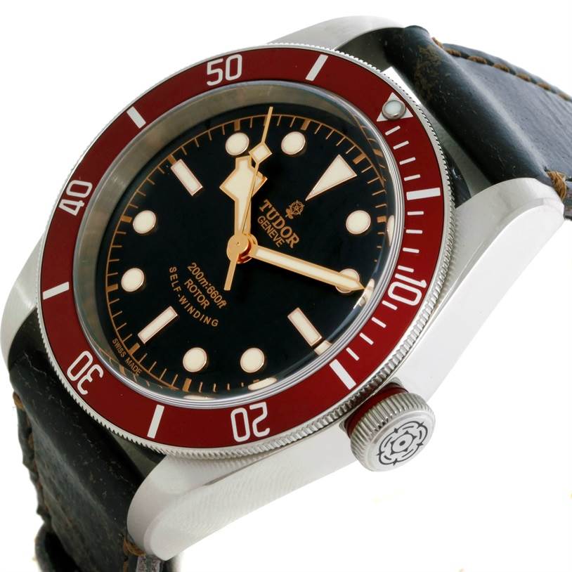 This Heritage Black Bay Tudor watch is shown at an angled side view, highlighting the dial, bezel, and crown.