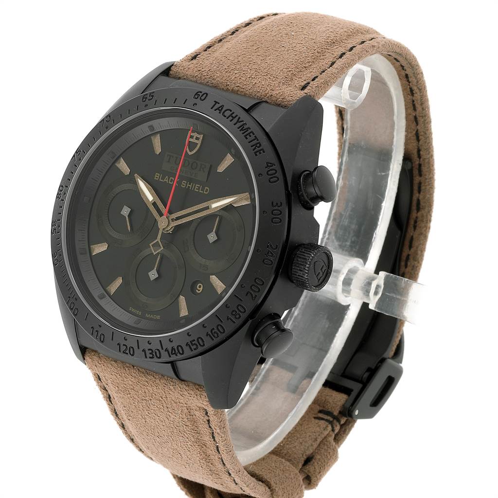 The image shows a Tudor Fastrider 42000CN Men's Stainless Steel Black Dial 42000CN Men's Stainless Steel Black Dial Black Shield watch at a three-quarter angle with focus on the dial, bezel, and strap.