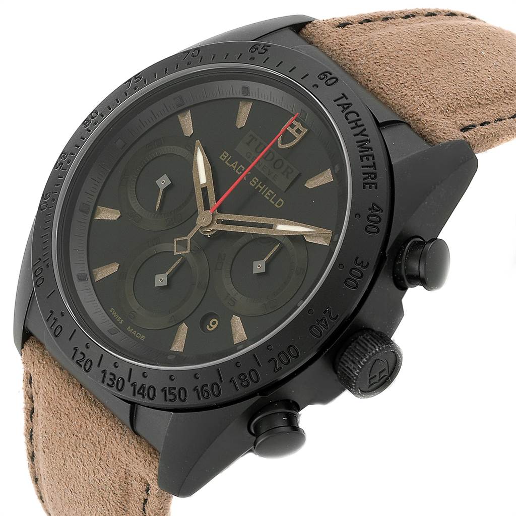 The Tudor Fastrider 42000CN Men's Stainless Steel Black Dial 42000CN Men's Stainless Steel Black Dial watch is shown at a slight angle with its face and side buttons visible.
