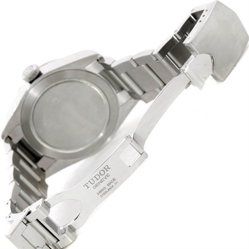 This image shows the back and partially opened bracelet clasp of the Tudor Heritage Black Bay 79220 Men's Stainless Steel Black Dial 79220 Men's Stainless Steel Black Dial watch.