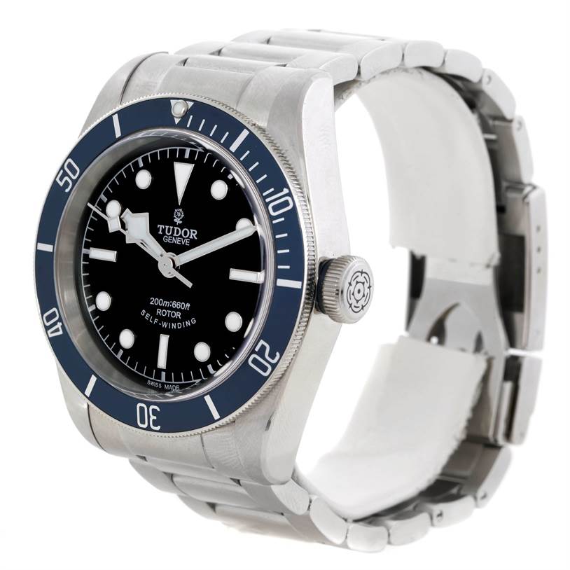 The image shows a Tudor Heritage Black Bay 79220 Men's Stainless Steel Black Dial 79220 Men's Stainless Steel Black Dial watch at a slight angle, displaying the face, bezel, crown, and metal bracelet.