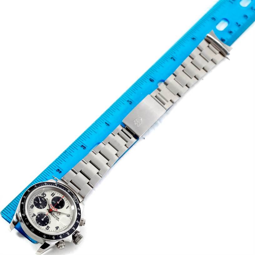 The image shows a Tudor Tiger 79260 Men's Stainless Steel Silver Dial 79260 Men's Stainless Steel Silver Dial model watch from a top-down angle, including the watch face, metal bracelet, and clasp.