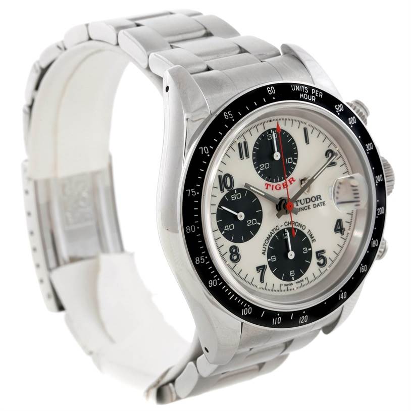 The image shows a Tudor Tiger 79260 Men's Stainless Steel Silver Dial 79260 Men's Stainless Steel Silver Dial model watch at a slight right angle, highlighting the dial, bezel, and bracelet.