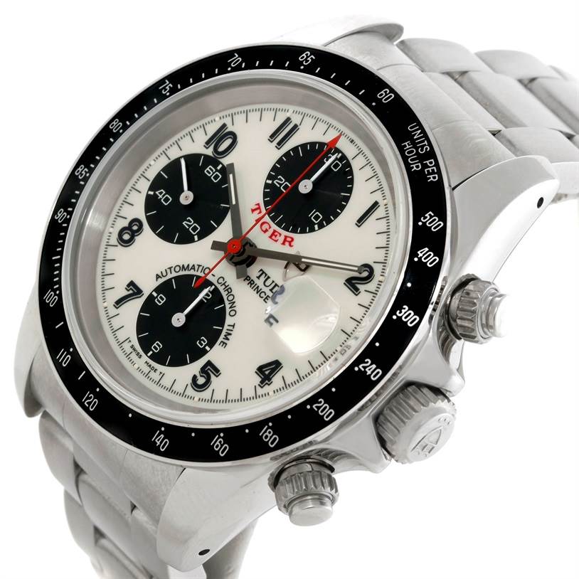 The Tudor Tiger 79260 Men's Stainless Steel Silver Dial 79260 Men's Stainless Steel Silver Dial model watch is shown at a three-quarter angle, highlighting its face, bezel, and side buttons.