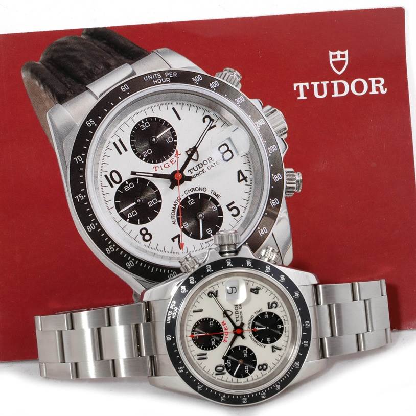 The Tudor Tiger 79260 Men's Stainless Steel Silver Dial 79260 Men's Stainless Steel Silver Dial model watch is shown from a front angle, displaying its dial, bezel, and stainless steel bracelet.