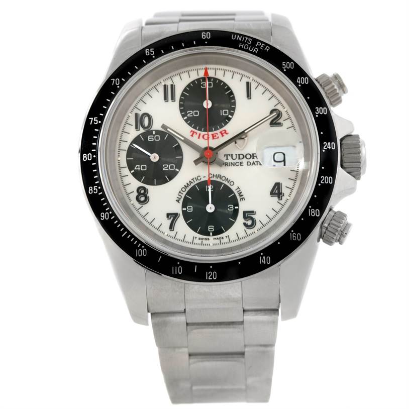 The image shows a front view of the Tudor Tiger 79260 Men's Stainless Steel Silver Dial 79260 Men's Stainless Steel Silver Dial watch model with a detailed display of its dial and chronograph features.