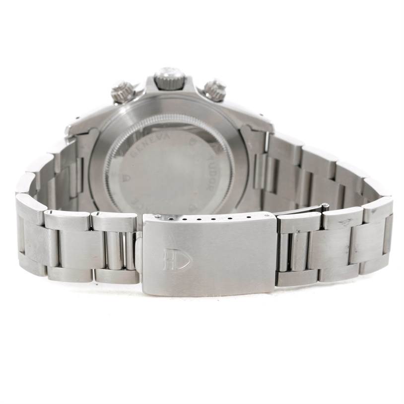 The image shows the back side and clasp of the Tudor Tiger 79260 Men's Stainless Steel Silver Dial 79260 Men's Stainless Steel Silver Dial model watch, focusing on the bracelet and case back.