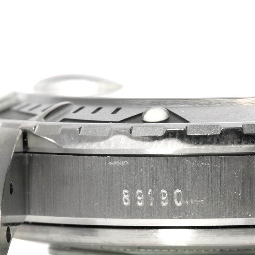 The image shows a close-up side view of the bezel and case of a Tudor Hydronaut 89190 Men's Stainless Steel Silver Dial 89190 Men's Stainless Steel Silver Dial watch, revealing part of its serial number.