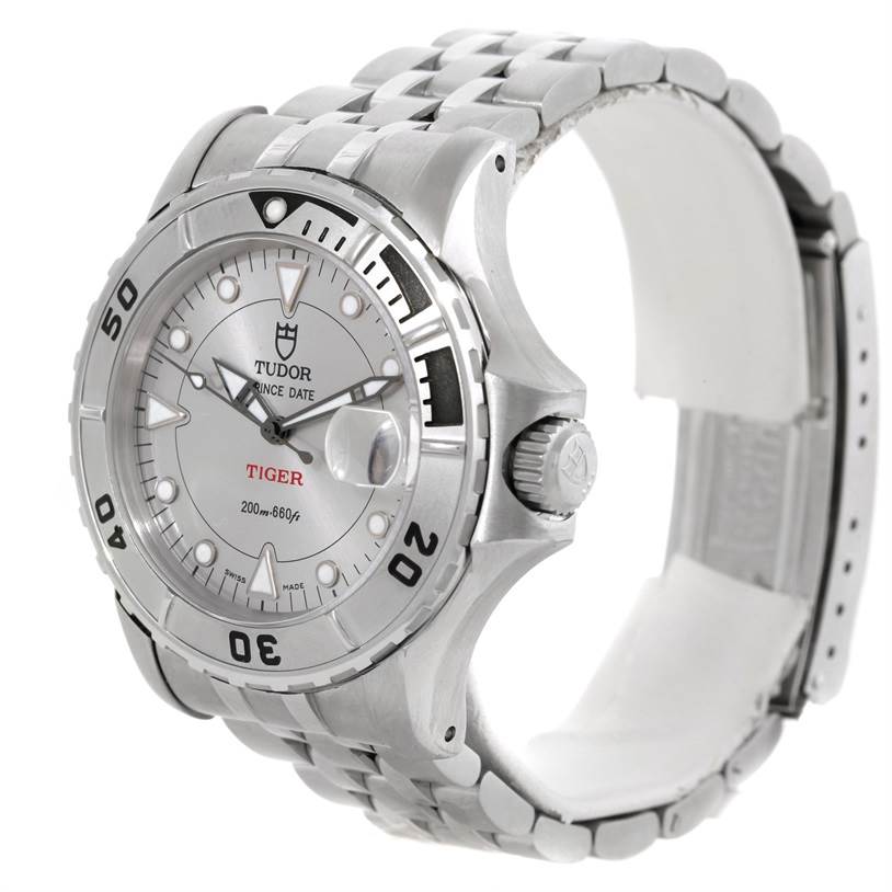 The image shows a Tudor Hydronaut 89190 Men's Stainless Steel Silver Dial 89190 Men's Stainless Steel Silver Dial watch from a front angle, highlighting the bezel, dial, crown, and bracelet.