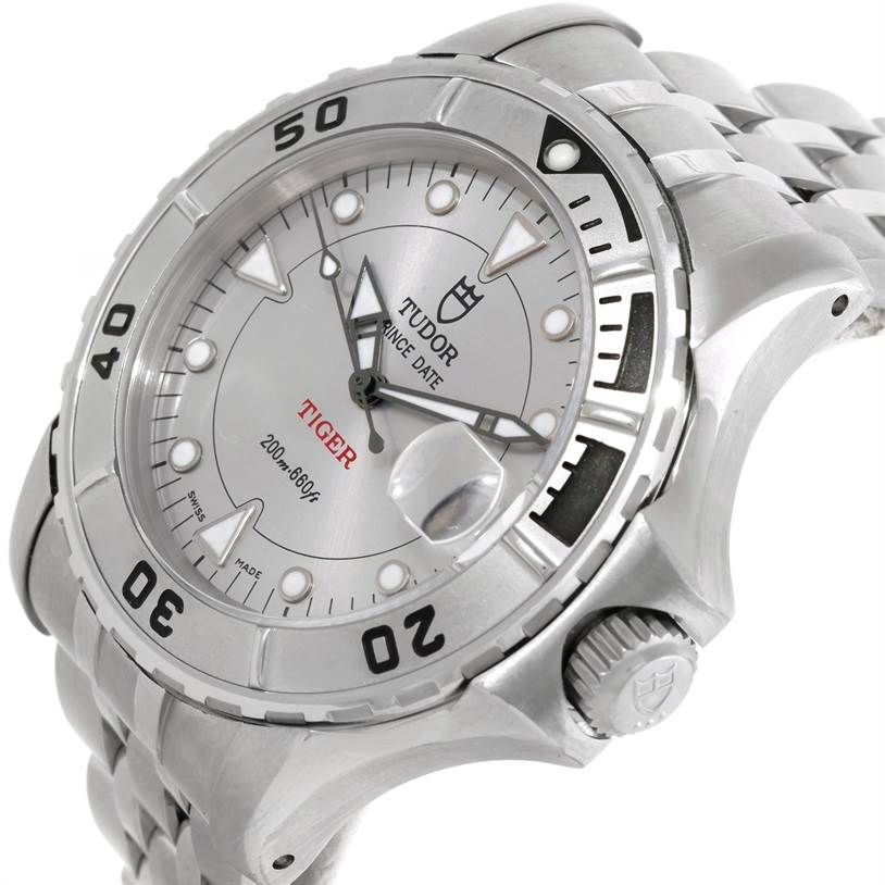 The image shows a Tudor Hydronaut 89190 Men's Stainless Steel Silver Dial 89190 Men's Stainless Steel Silver Dial watch from a tilted angle, highlighting the case, bezel, dial, crown, and part of the bracelet.