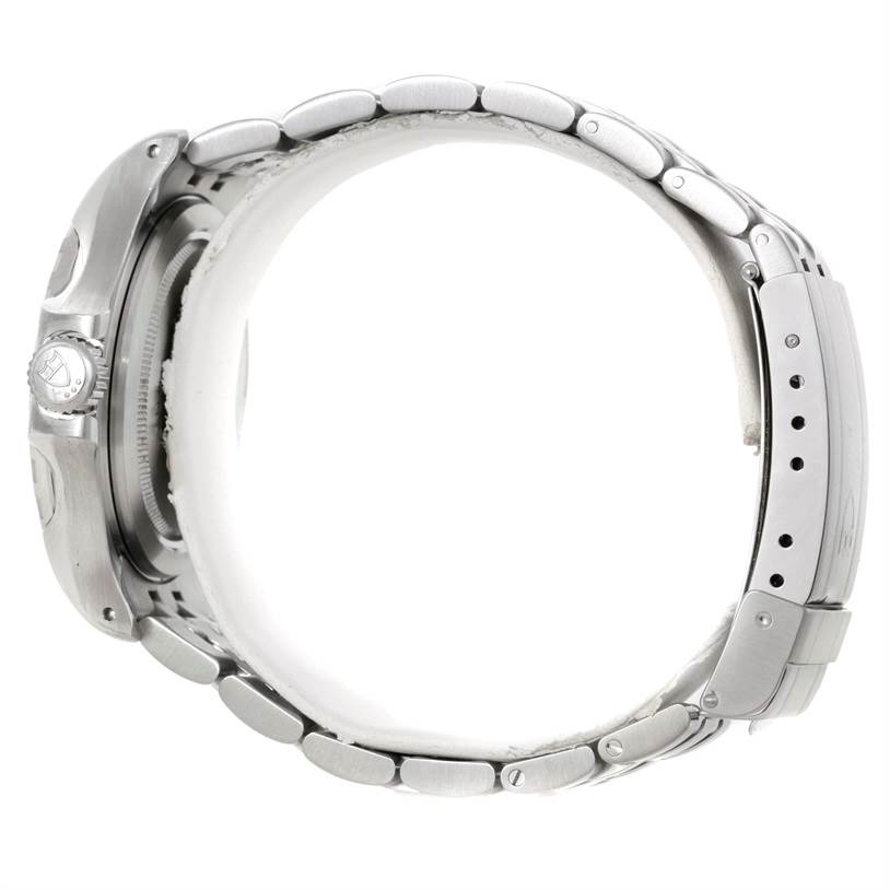 The image shows a side profile of a Tudor Hydronaut 89190 Men's Stainless Steel Silver Dial 89190 Men's Stainless Steel Silver Dial watch, highlighting its crown, case, and metal bracelet.