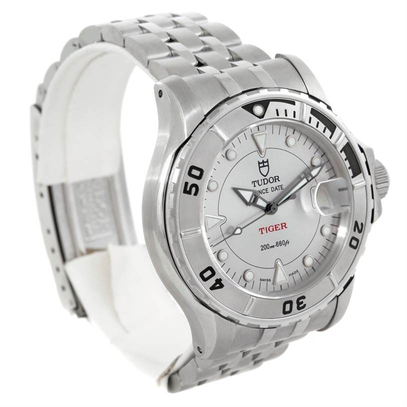 The image shows a Tudor Hydronaut 89190 Men's Stainless Steel Silver Dial 89190 Men's Stainless Steel Silver Dial watch from an angled side view, displaying the bezel, dial, and part of the bracelet.