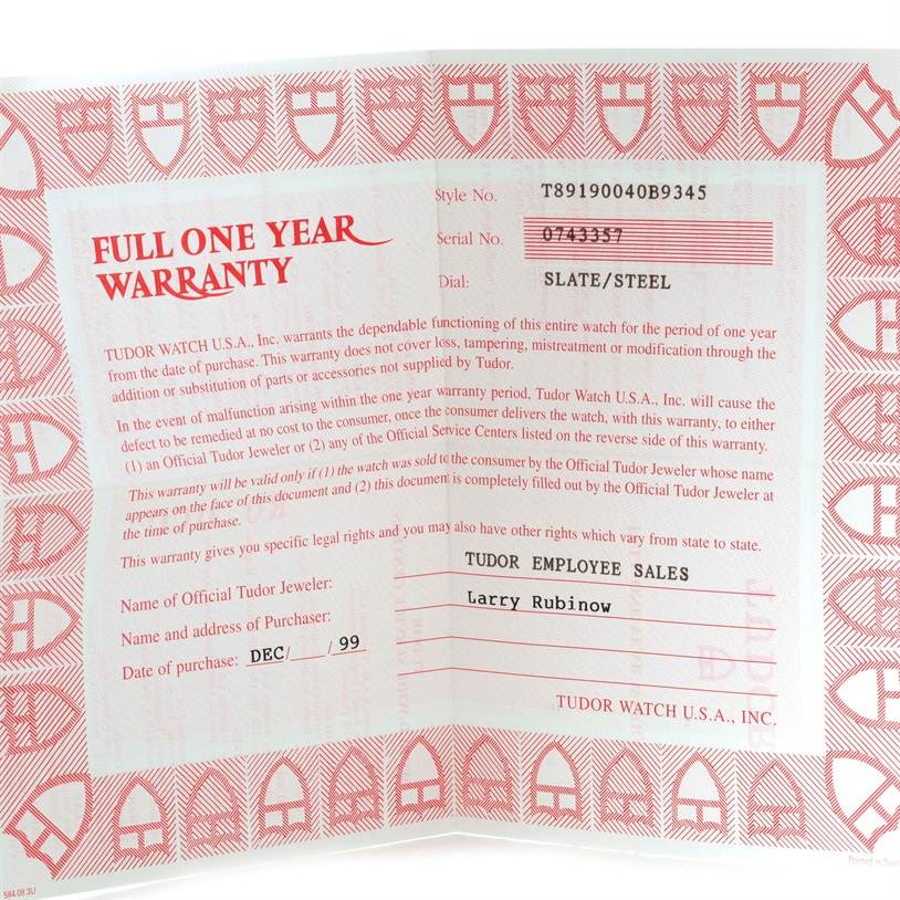 The image shows a full one-year warranty card for a Tudor Hydronaut 89190 Men's Stainless Steel Silver Dial 89190 Men's Stainless Steel Silver Dial watch, detailing the style, serial number, and purchase date.