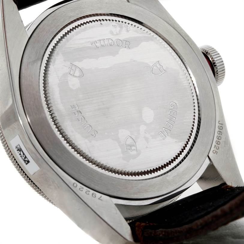 This image shows the back case of the Tudor Heritage Black Bay 79220R Men
s Stainless Steel Black Dial 79220R Men
s Stainless Steel Black Dial watch, with brand engravings visible, including "TUDOR," "GENEVE," and "SWISS."