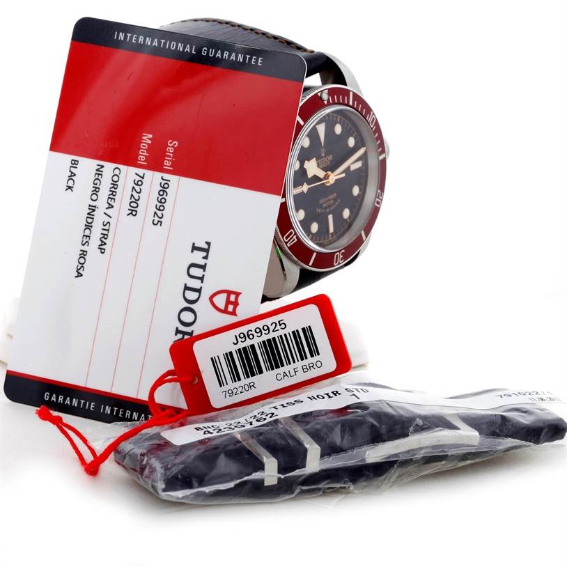 The image shows a Tudor Heritage Black Bay 79220R Men
s Stainless Steel Black Dial 79220R Men
s Stainless Steel Black Dial watch angled from the side, along with an international guarantee card and packaged accessories.